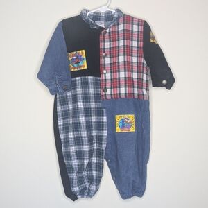 Vintage Catton Candy Denim Plaid Nature Planet Romper 18m